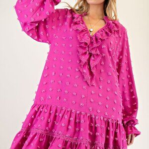 NWT Easel Brand Chiffon Pom Pom Dress with Ruffles in Aurora Pink